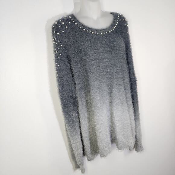 Venus Sweater Womens Size XL Soft Cozy Pearl Trim Gray Ombre Fuzzy Long Sleeve - Picture 6 of 10